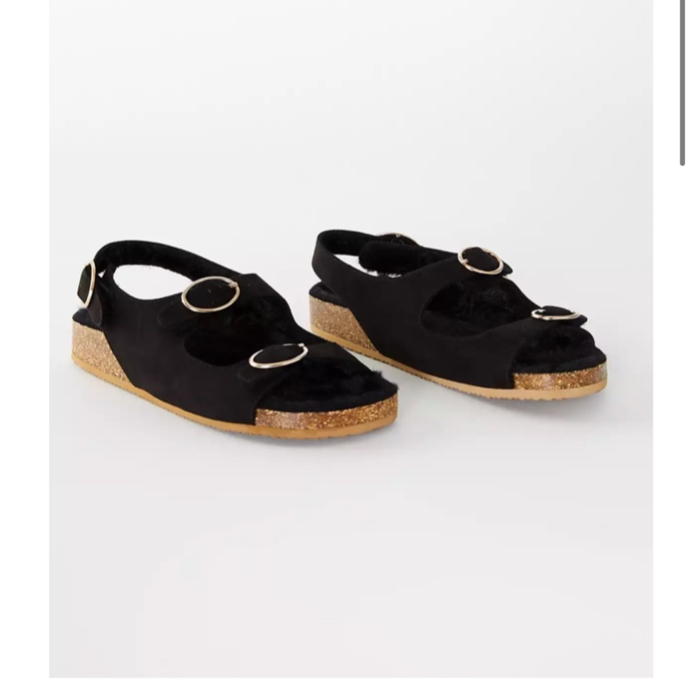 NIB LOFT Women's Vegan Suede Sherpa Buckle Sandals - Black